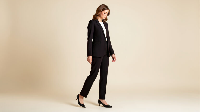 Femme élégante portant une tenue monochrome ajustée et des chaussures fines assorties, dans un style chic et équilibré.