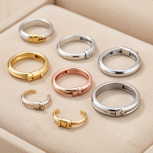 Composition de bagues à fermoir présentant différents styles et métaux, notamment l’or jaune, l’or blanc, l’or rose et l’argent, sur un présentoir beige.