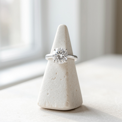 Bague solitaire en argent ornée d’une pierre brillante, présentée sur un support en pierre claire dans une ambiance élégante et lumineuse.
