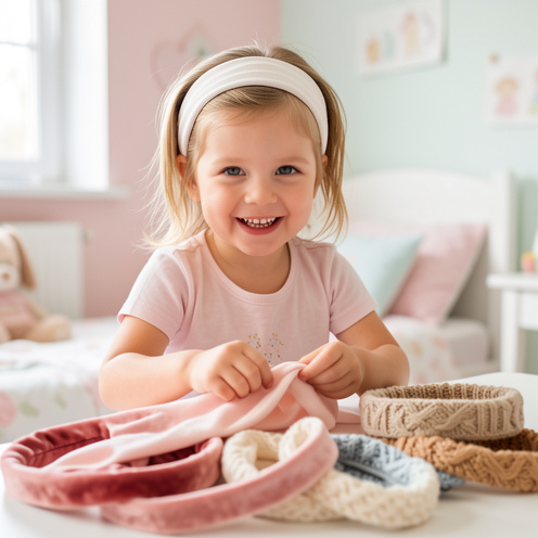Fillette souriante portant un bandeau en coton, avec des bandeaux en velours et en maille présentés à côté d’elle dans une chambre lumineuse.