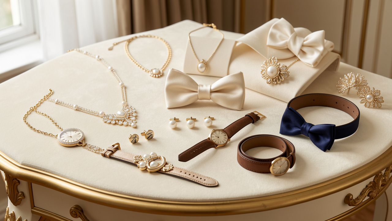 Sélection élégante de bijoux et d’accessoires formels pour toute la famille, présentée sur une table aux teintes crème, dorées, ivoire et bleu marine.