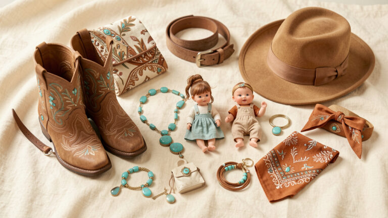 Composition élégante de bijoux et accessoires western chic pour femme, enfant et bébé, avec tons cuir, turquoise, ivoire et terracotta.