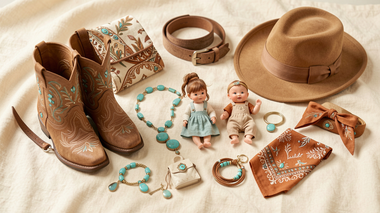 Composition élégante de bijoux et accessoires western chic pour femme, enfant et bébé, avec tons cuir, turquoise, ivoire et terracotta.