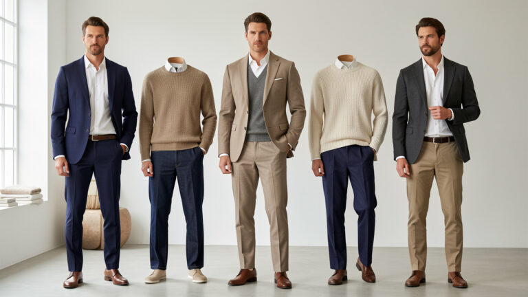 Homme élégant portant un blazer décontracté, entouré de cinq associations vestimentaires chics avec chemise, maille fine, jean brut, pantalon habillé et chino.