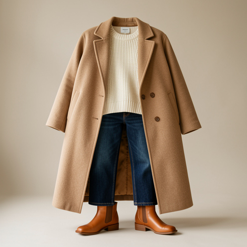 Bottine camel associée à un pull écru, un jean bleu foncé et un manteau beige dans une ambiance de mode automnale.