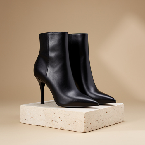 Paire de bottines élégantes noires à talons et bout pointu, présentées sur un socle en pierre claire.