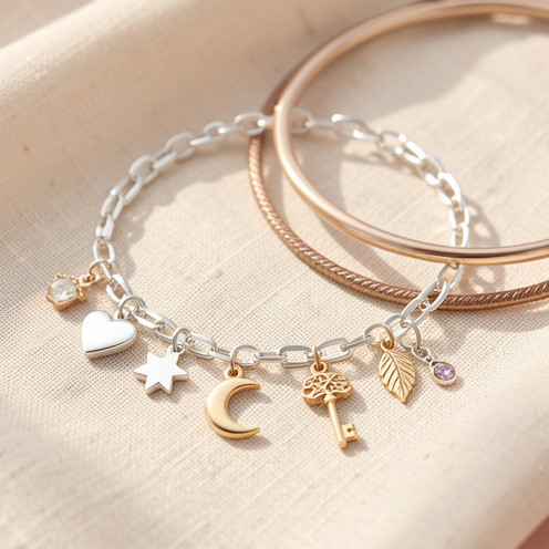 Bracelet à breloques élégant composé de pendentifs variés en argent et en or, présenté avec d’autres bracelets sur un tissu en lin clair.