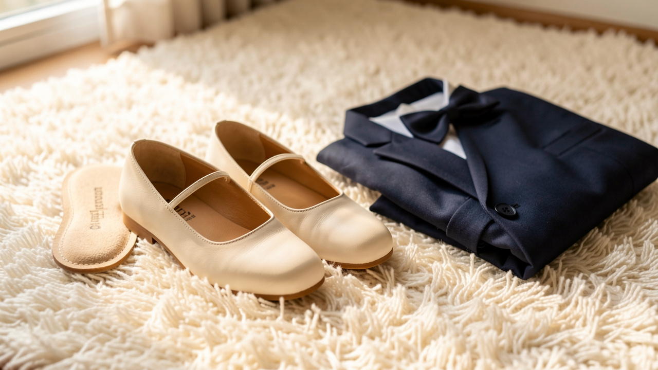 Chaussures élégantes de cérémonie pour enfant présentées avec des semelles rembourrées et une tenue habillée, dans une ambiance douce et confortable.