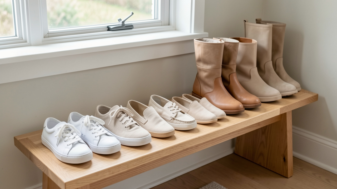 Collection de chaussures minimalistes pour adultes et enfants, soigneusement disposées dans une entrée familiale aux tons neutres.