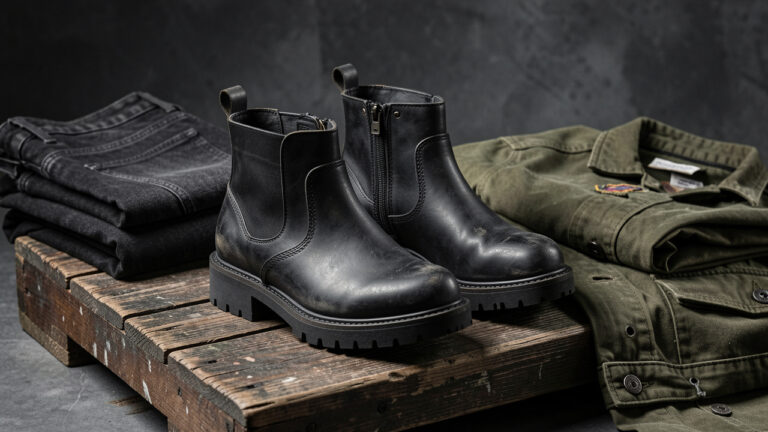 Paire de bottines grunge noires à semelles épaisses, présentées avec du denim gris et une veste olive dans une ambiance élégante et rebelle.
