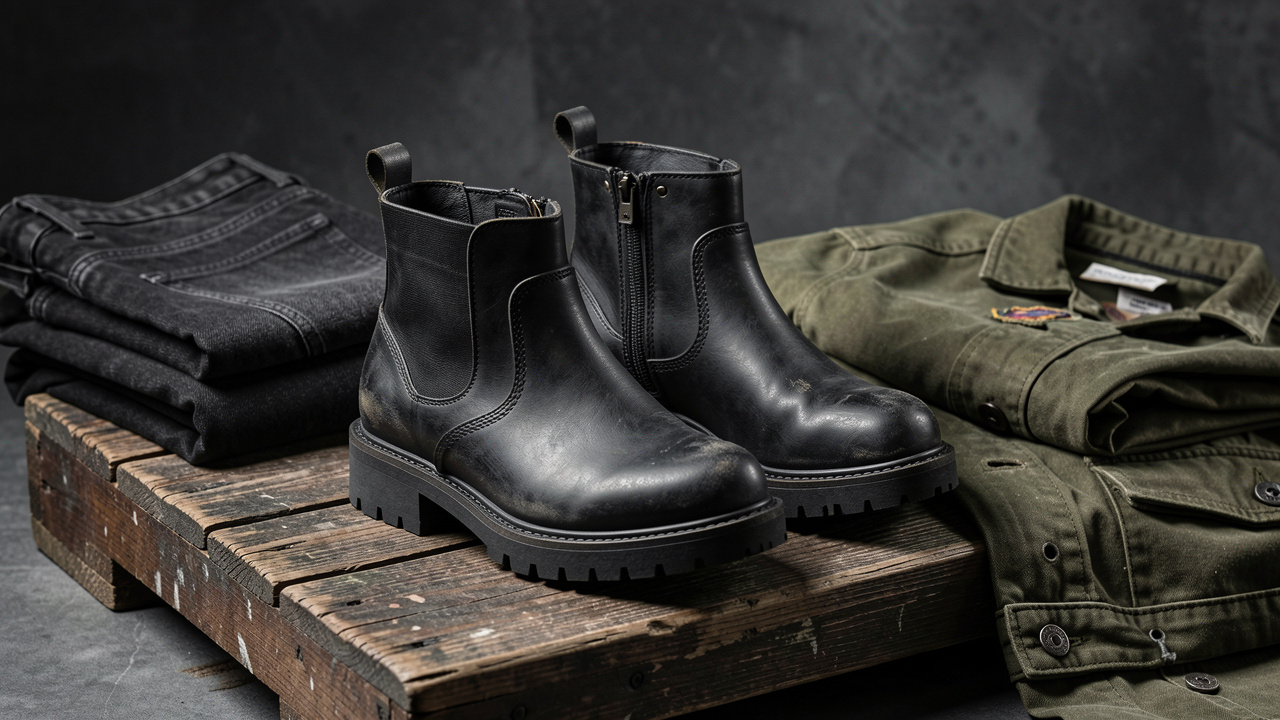 Paire de bottines grunge noires à semelles épaisses, présentées avec du denim gris et une veste olive dans une ambiance élégante et rebelle.