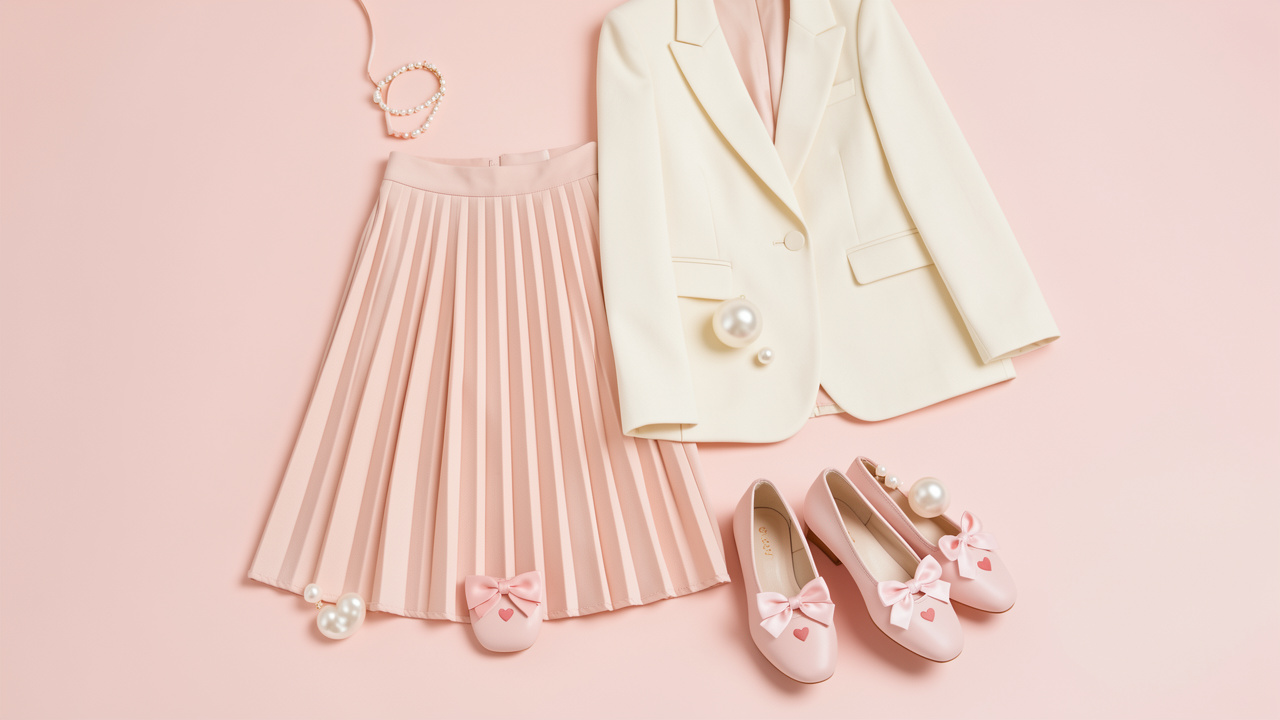 Chaussures pastel adorables ornées de petits cœurs et de nœuds, associées à une tenue élégante composée d’un blazer crème et d’une jupe plissée.