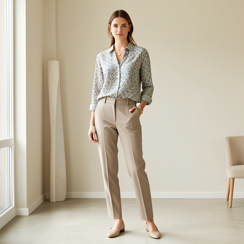 Femme portant un chemisier à motif avec un pantalon neutre et des accessoires discrets dans un intérieur lumineux et minimaliste.