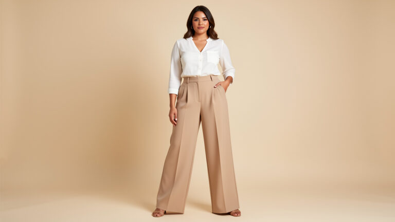 Femme adulte en pantalon large taille haute, présentée en pied dans un studio aux tons beige et crème.