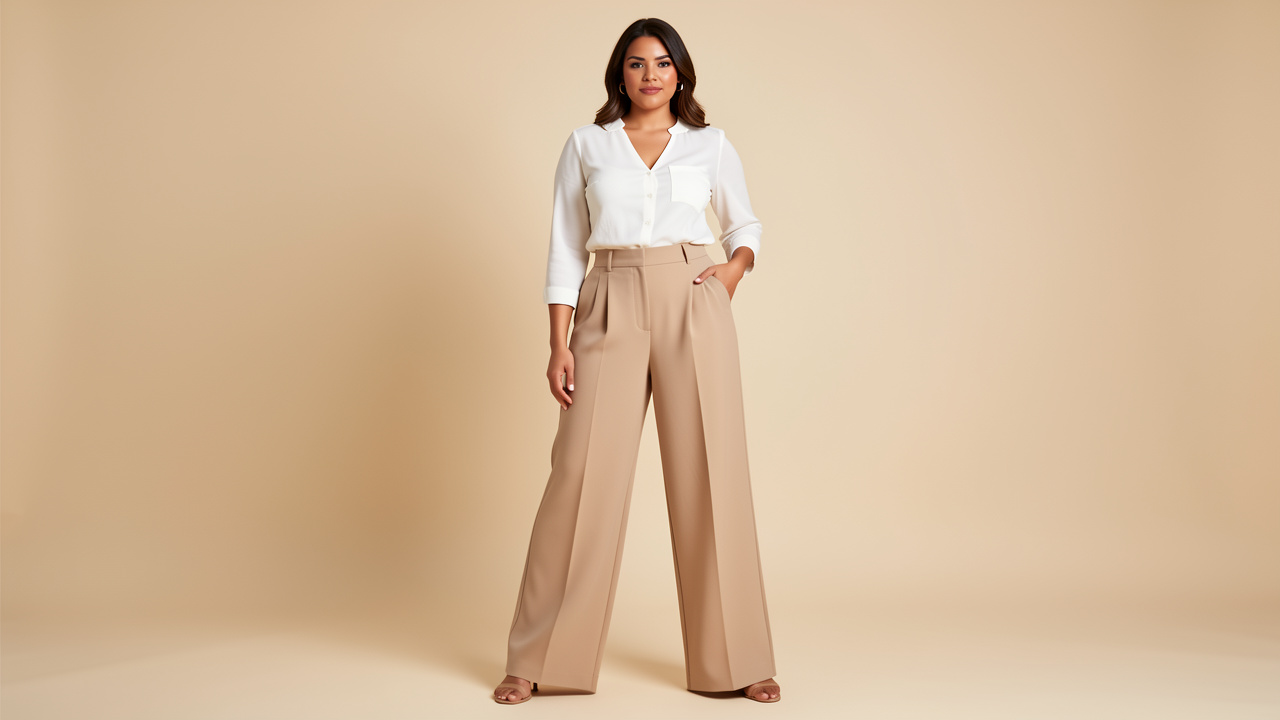 Femme adulte en pantalon large taille haute, présentée en pied dans un studio aux tons beige et crème.