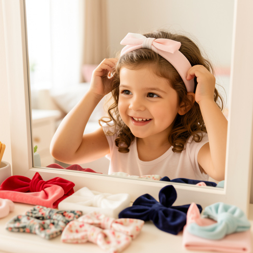 Fillette essayant un bandeau coloré devant un miroir, avec plusieurs modèles de bandeaux pour cheveux disposés autour d’elle.