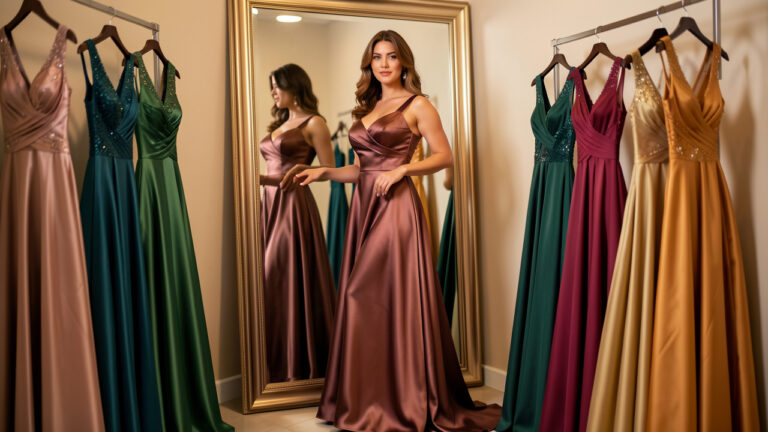 Femme élégante choisissant une robe de soirée satinée devant un miroir, entourée de plusieurs modèles aux coupes et couleurs variées.