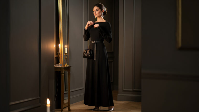 Femme élégante portant une tenue de soirée noire rehaussée par des accessoires raffinés dans une ambiance chaleureuse et sophistiquée.