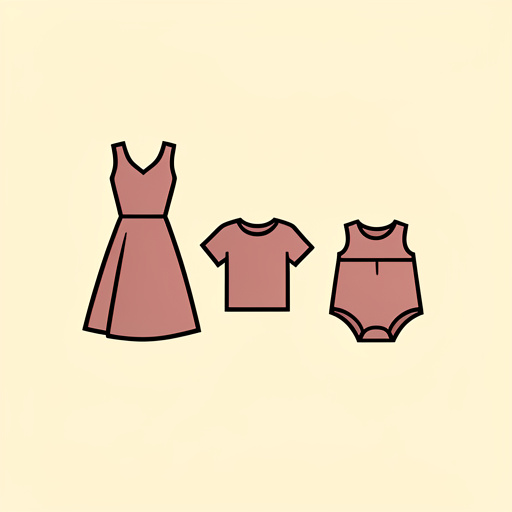 Emblème minimaliste représentant une robe de femme, un vêtement d’enfant et une barboteuse de bébé dans un style plat et élégant.