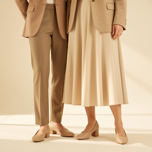 Escarpin beige confortable à talon bas présenté avec plusieurs tenues élégantes dans des tons neutres.