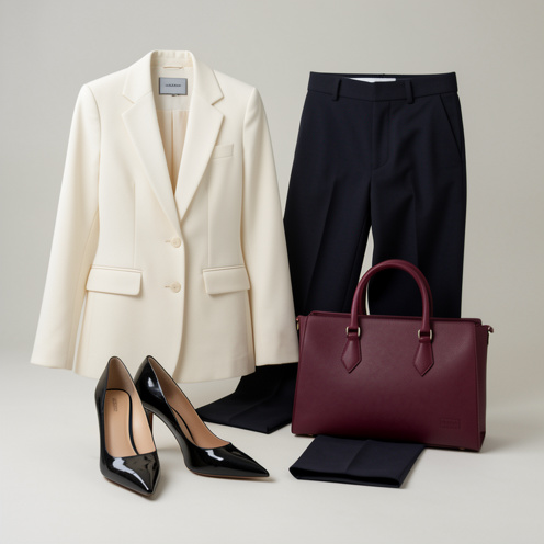 Escarpins noirs vernis à bout pointu présentés avec un blazer crème, un pantalon sombre et un sac structuré bordeaux.