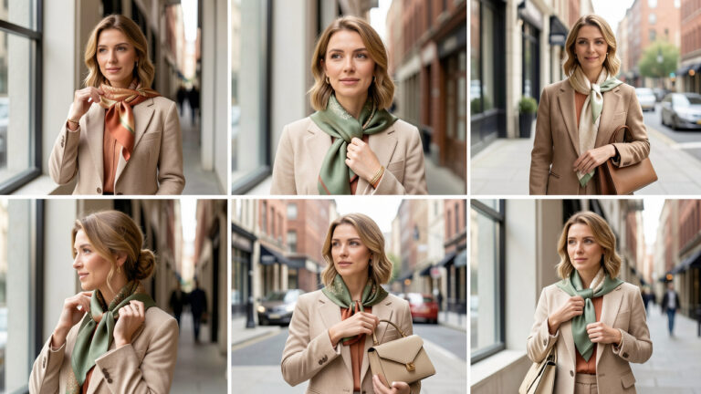 Femme élégante présentant différentes façons chic de porter un foulard en soie au quotidien, autour du cou, dans les cheveux, au poignet et sur un sac à main.