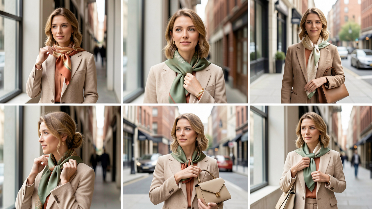 Femme élégante présentant différentes façons chic de porter un foulard en soie au quotidien, autour du cou, dans les cheveux, au poignet et sur un sac à main.