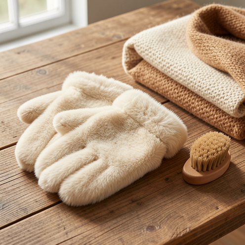 Paire de gants d’hiver en fausse fourrure dans des tons crème et camel, posée sur une table en bois avec une écharpe en laine et une brosse d’entretien.