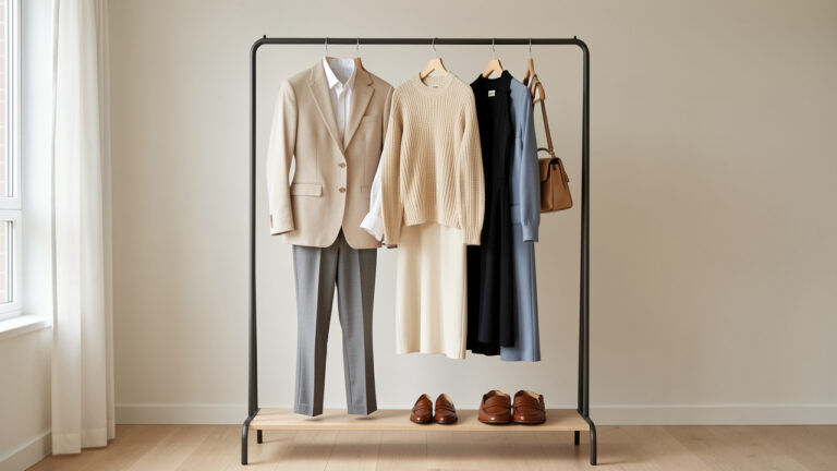 Garde-robe capsule élégante composée de vêtements et accessoires coordonnés dans des tons neutres, présentés sur un portant minimaliste.