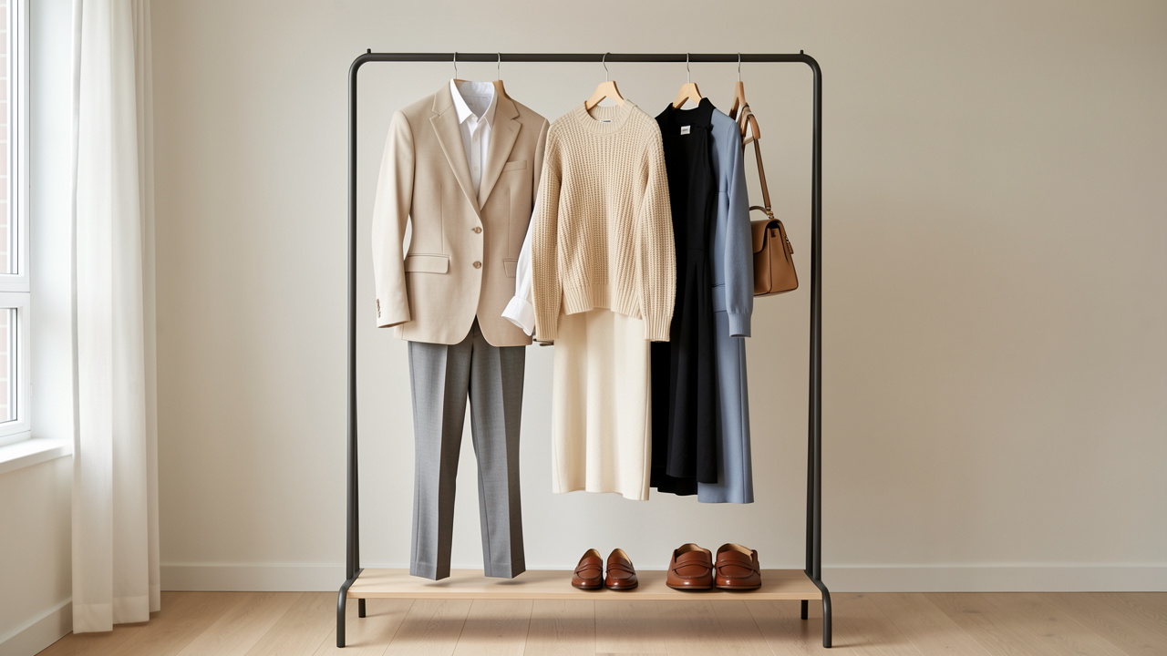 Garde-robe capsule élégante composée de vêtements et accessoires coordonnés dans des tons neutres, présentés sur un portant minimaliste.