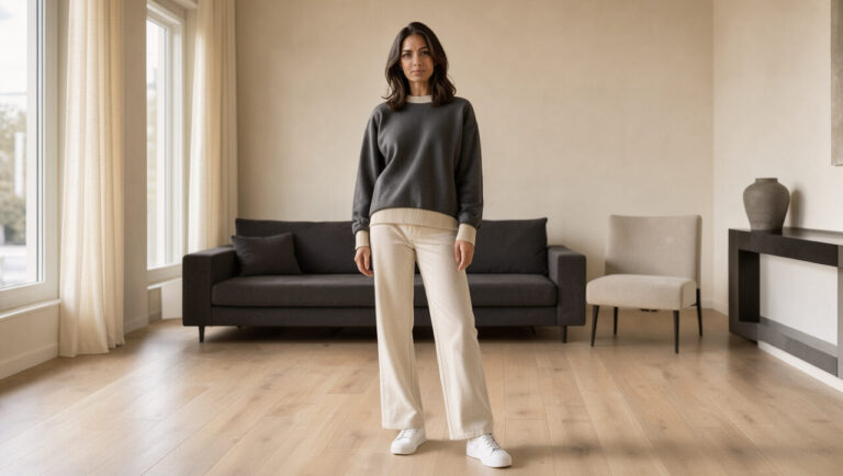 Femme élégante portant un pull raffiné et un sweatshirt structuré dans une tenue athleisure chic aux tons neutres.