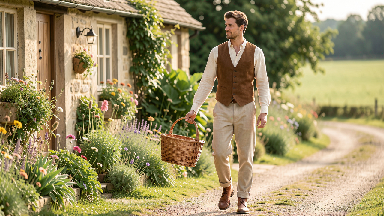 Jeune homme portant une tenue cottagecore chic et moderne devant une maison de campagne fleurie.