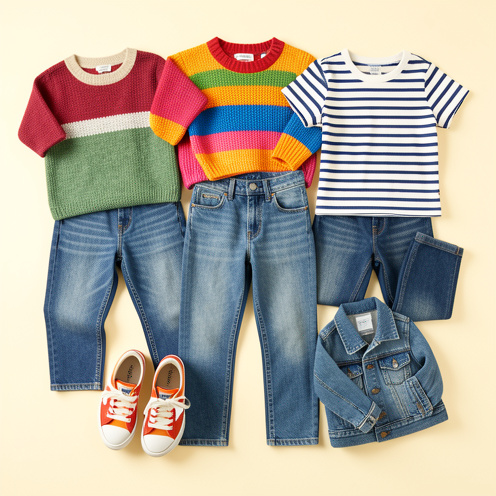 Assortiment de jeans bleu délavé pour enfant, présenté avec des vêtements et des chaussures colorés pour illustrer différentes idées de tenues.