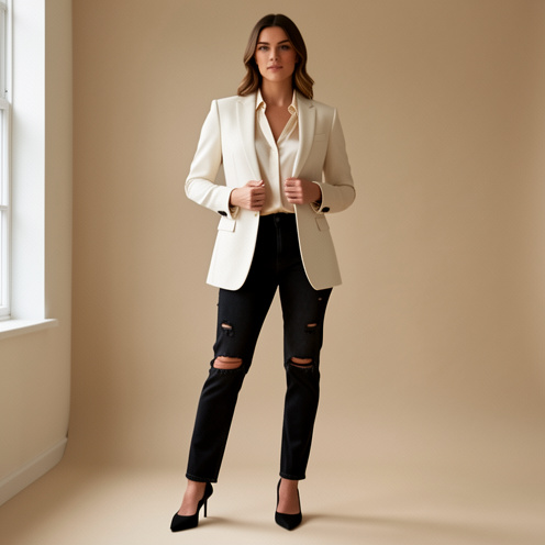Femme portant un jean noir déchiré avec un blazer crème, une blouse ivoire et des escarpins noirs dans un décor minimaliste élégant.