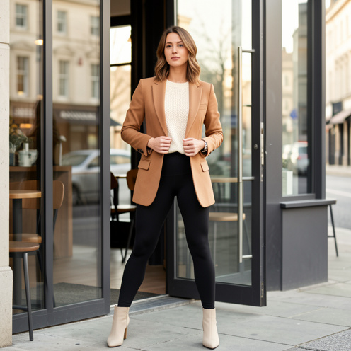 Femme élégante portant un legging noir avec un blazer camel, un haut en maille ivoire et des bottines dans un décor urbain moderne.