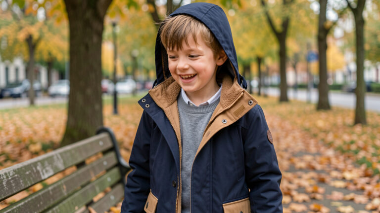 Jeune garçon portant un manteau chic et pratique dans un parc aux couleurs de l’automne.