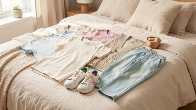Ensemble de vêtements casual pour enfant, avec tee-shirts en coton, pantalons souples, cardigans, baskets et chaussettes dans des tons neutres et pastel.