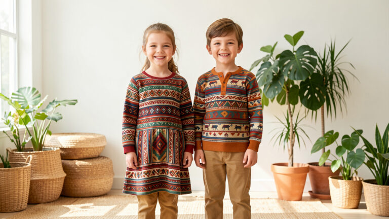 Une fille et un garçon portent des tenues pour enfants colorées, confortables et inspirées de motifs textiles du monde dans un décor lumineux.
