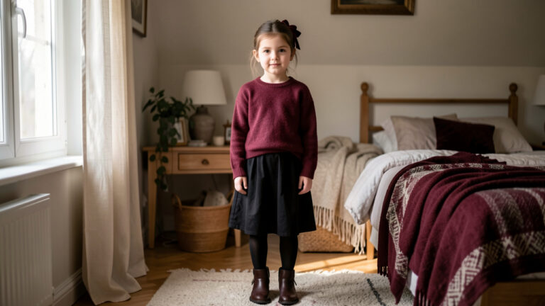 Jeune fille portant une tenue enfant gothique chic et confortable, composée de vêtements noirs et bordeaux dans une chambre lumineuse.