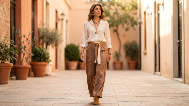 Femme portant un pantalon bobo ample avec une blouse en lin et des accessoires naturels, dans une cour urbaine baignée de lumière.