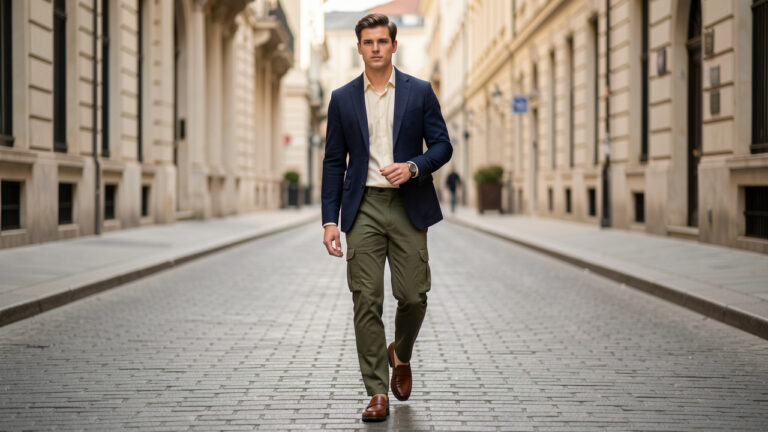 Un homme porte un pantalon cargo olive avec une chemise crème, un blazer bleu marine et des mocassins en cuir dans une rue élégante.