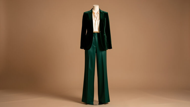Tenue de cocktail élégante composée d’un pantalon large taille haute vert émeraude, d’un chemisier en soie crème et d’un blazer en velours.