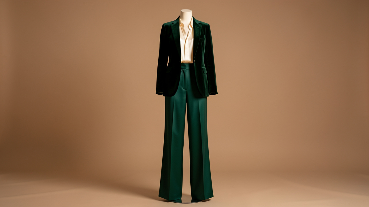Tenue de cocktail élégante composée d’un pantalon large taille haute vert émeraude, d’un chemisier en soie crème et d’un blazer en velours.