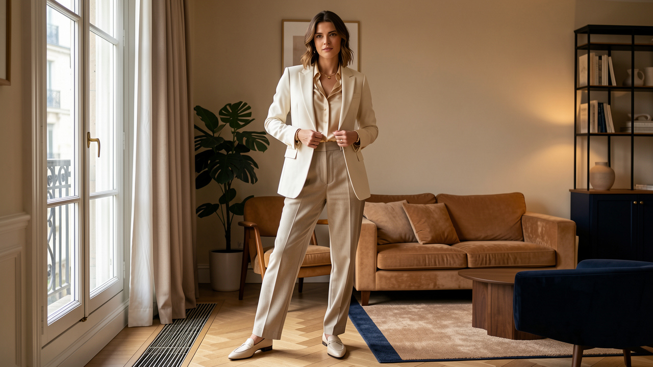 Femme élégante portant un pantalon taille haute d’inspiration vintage avec un blazer crème et des accessoires modernes dans un intérieur lumineux.