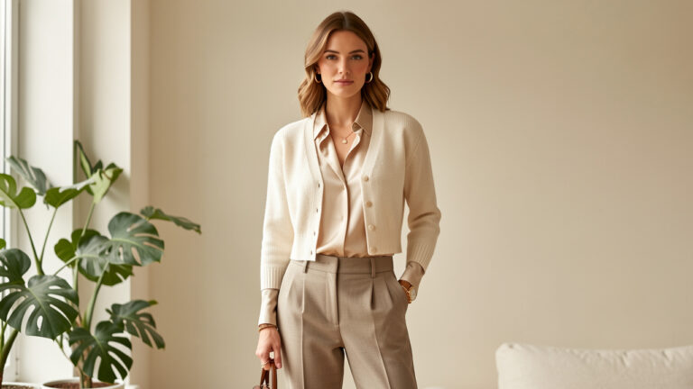 Femme élégante portant un cardigan court couleur crème sur un chemisier en soie et un pantalon tailleur dans un intérieur lumineux.
