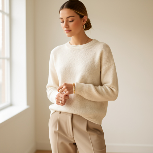 Femme élégante portant un pull fin couleur crème associé à un pantalon beige dans un intérieur lumineux et minimaliste.