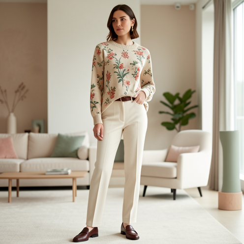 Femme élégante portant un pull fleuri avec un pantalon crème ajusté et des accessoires raffinés dans un intérieur lumineux.