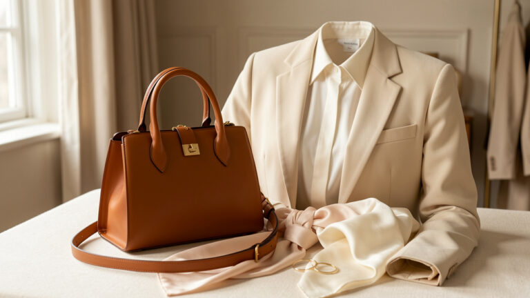 Sac à main chic en cuir caramel présenté avec une blouse crème, un blazer ajusté, un foulard en soie et des bijoux dorés minimalistes.