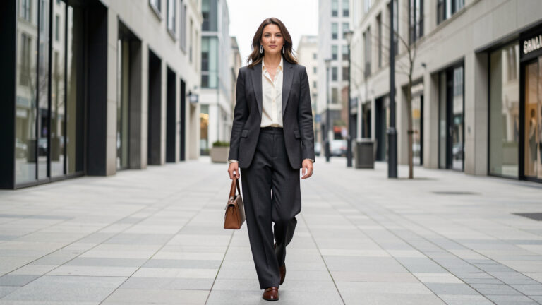 Femme élégante portant une tenue androgyne chic composée d’un blazer gris, d’une chemise ivoire et d’un pantalon ample dans une rue moderne.