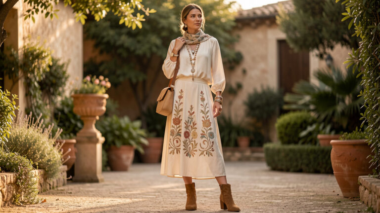 Femme élégante portant une tenue bohème chic raffinée dans des tons naturels, avec blouse fluide, jupe brodée, bottines en daim et accessoires délicats.